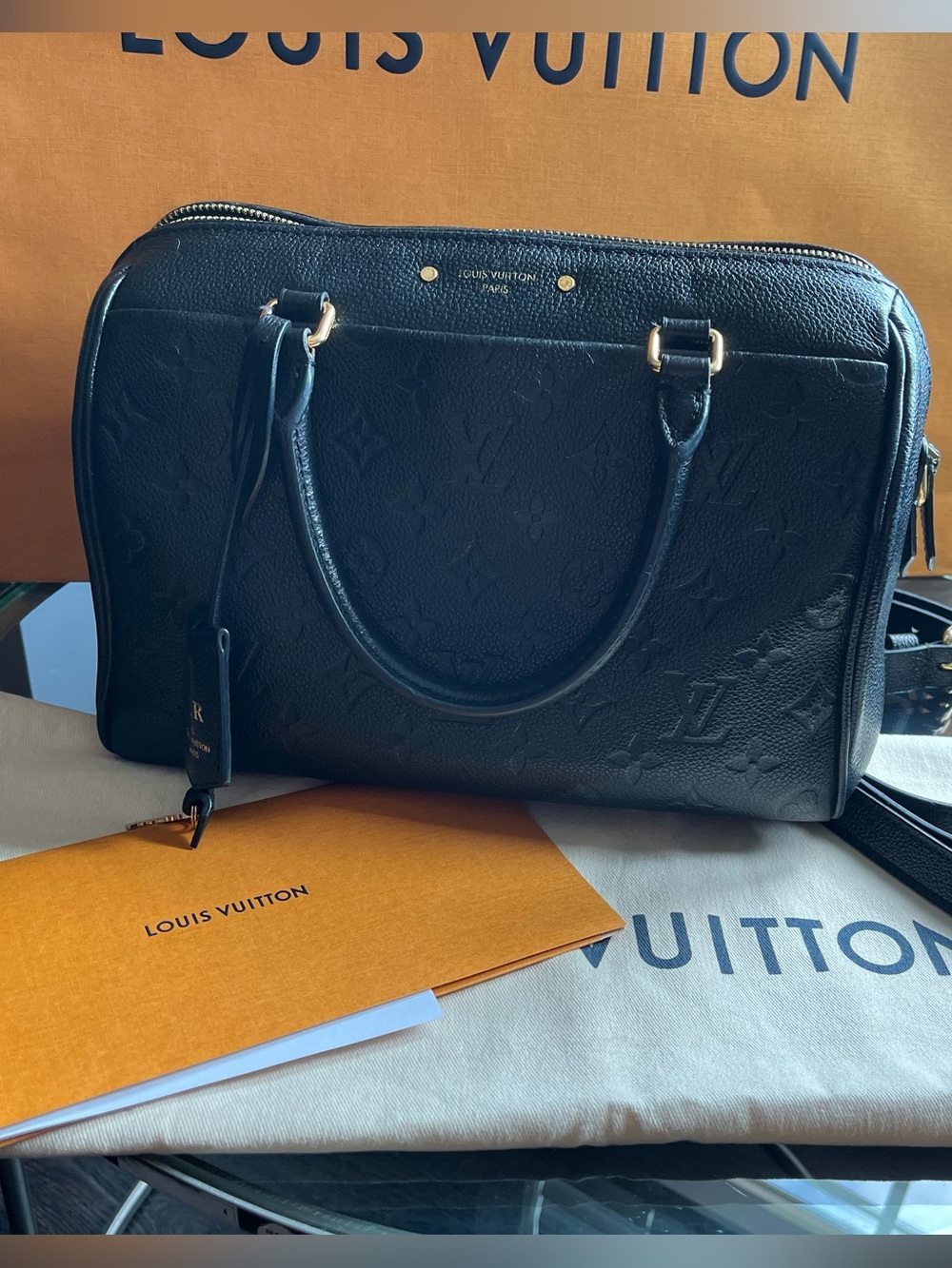 Louis Vuitton Black Embossed Monogram Crossbody Satchel with Gold Hardware